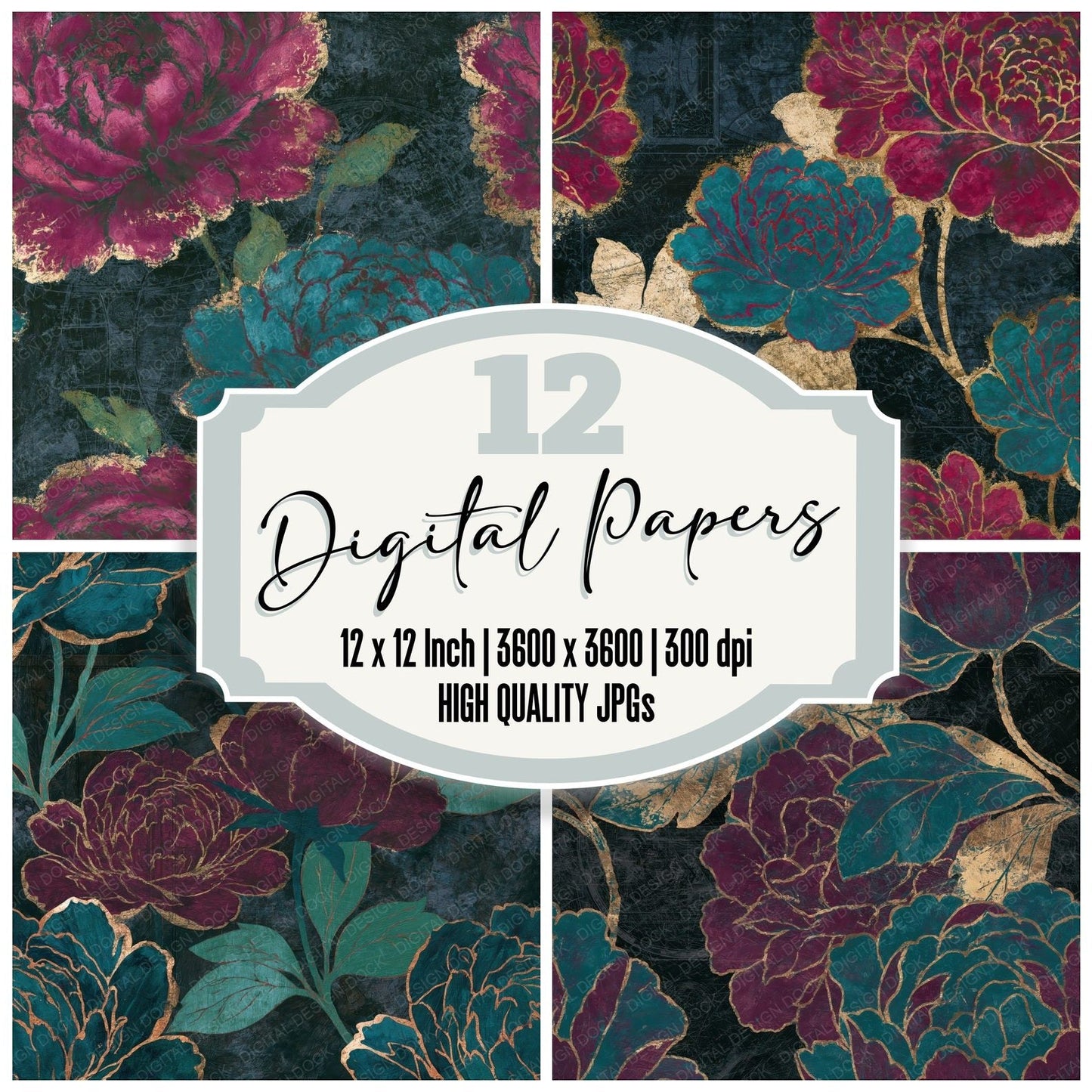 Scratchboard Peony Malachite Burgundy Seamless Digital Paper Pack (DDD014631)