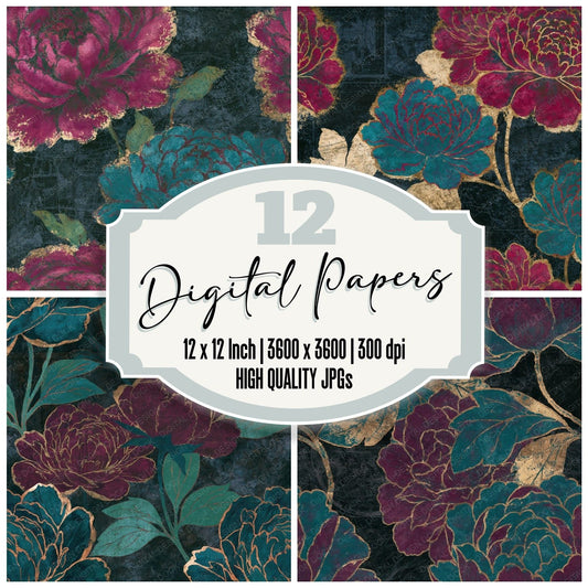 Scratchboard Peony Malachite Burgundy Seamless digital paper pack cover showing four of the 12 papers