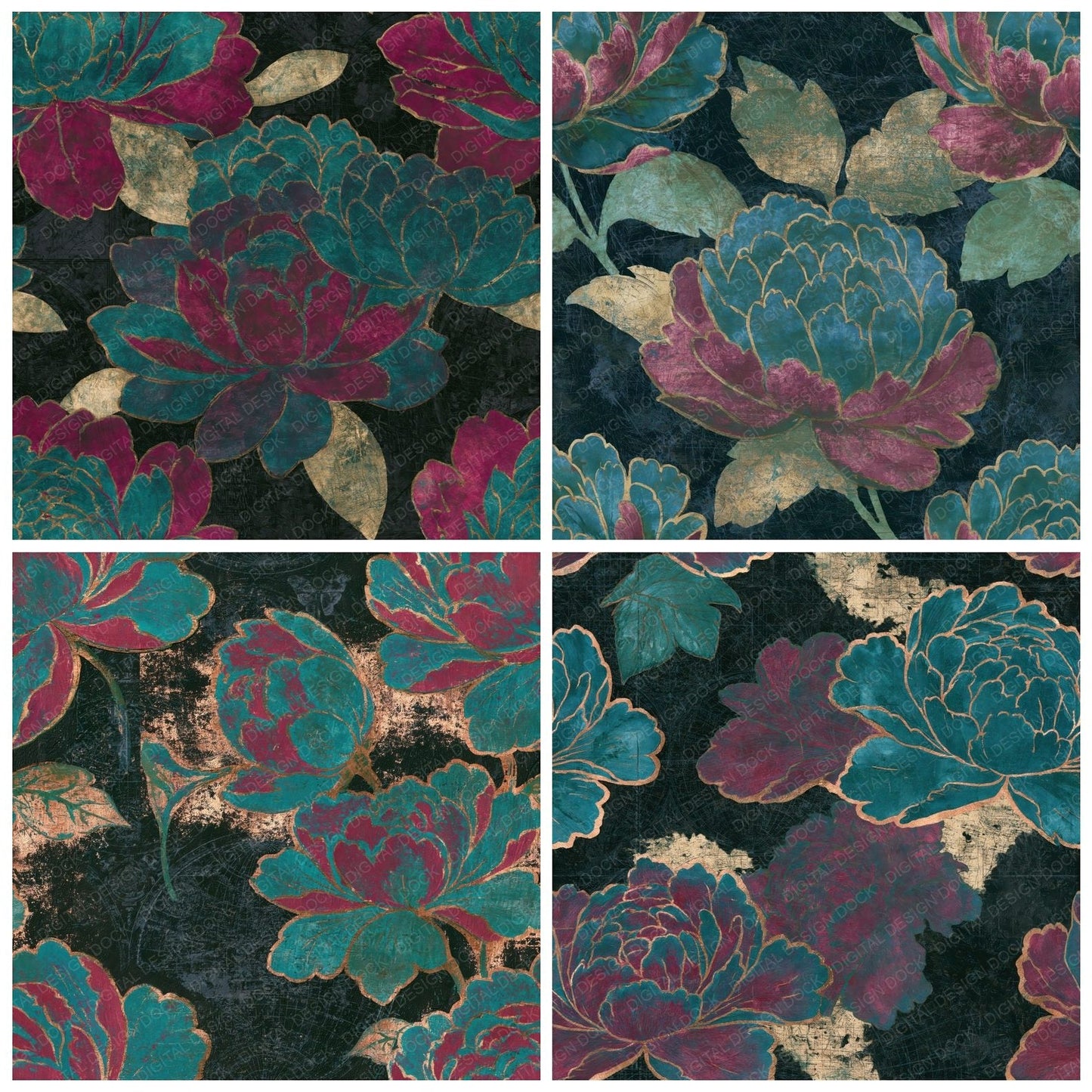Scratchboard Peony Malachite Burgundy Seamless Digital Paper Pack (DDD014631)