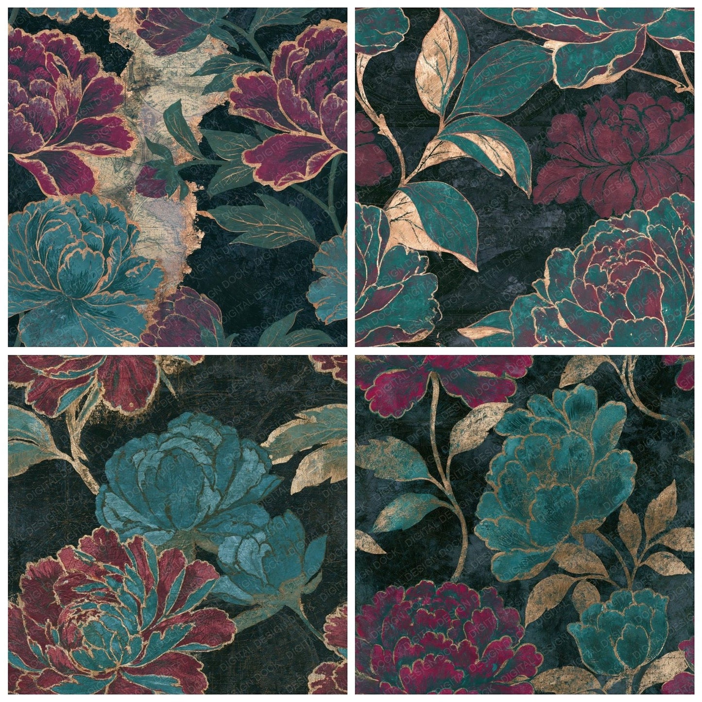 Scratchboard Peony Malachite Burgundy Seamless Digital Paper Pack (DDD014631)