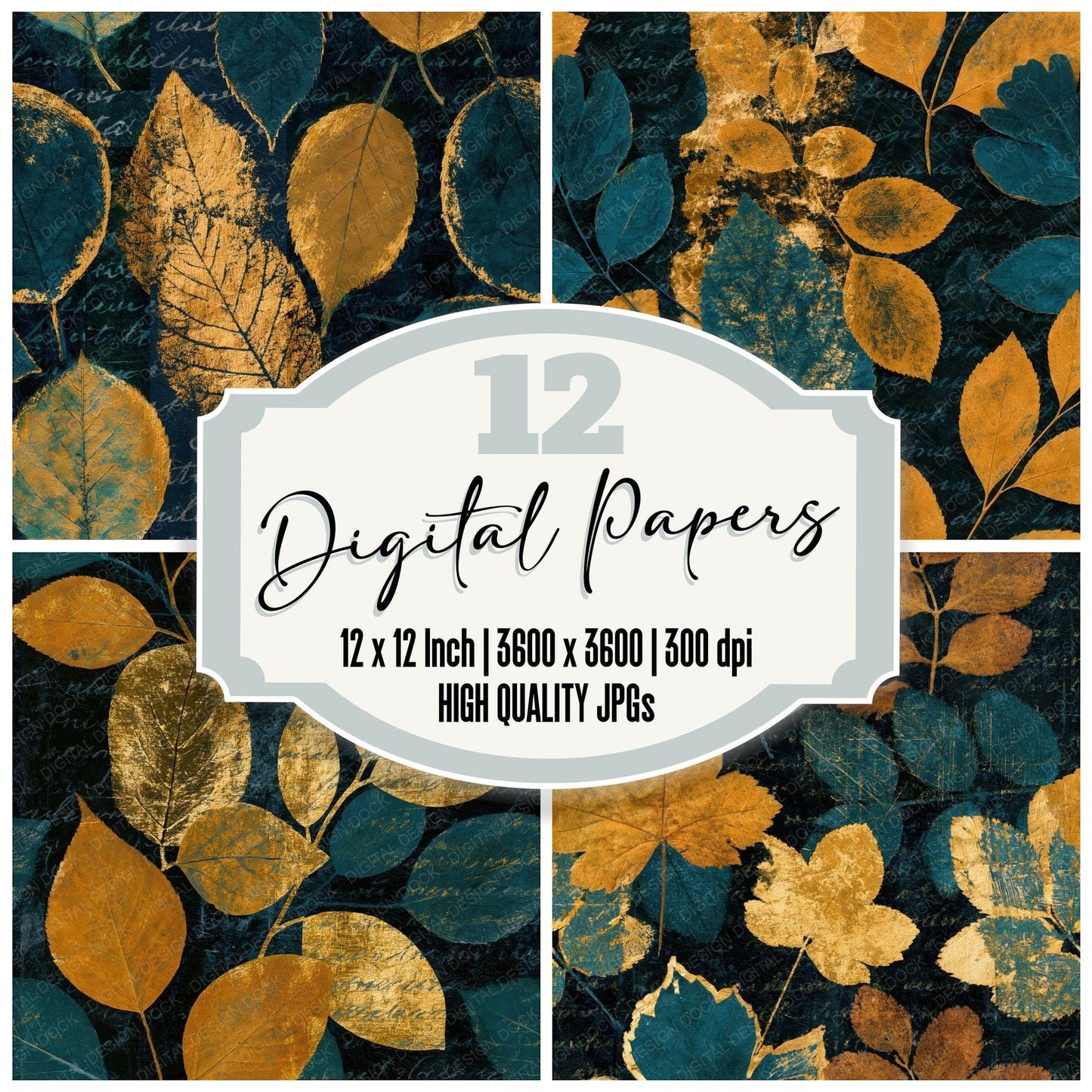 Scratchboard Pressed Leaves Mustard Teal Seamless Digital Paper Pack (DDD014632)