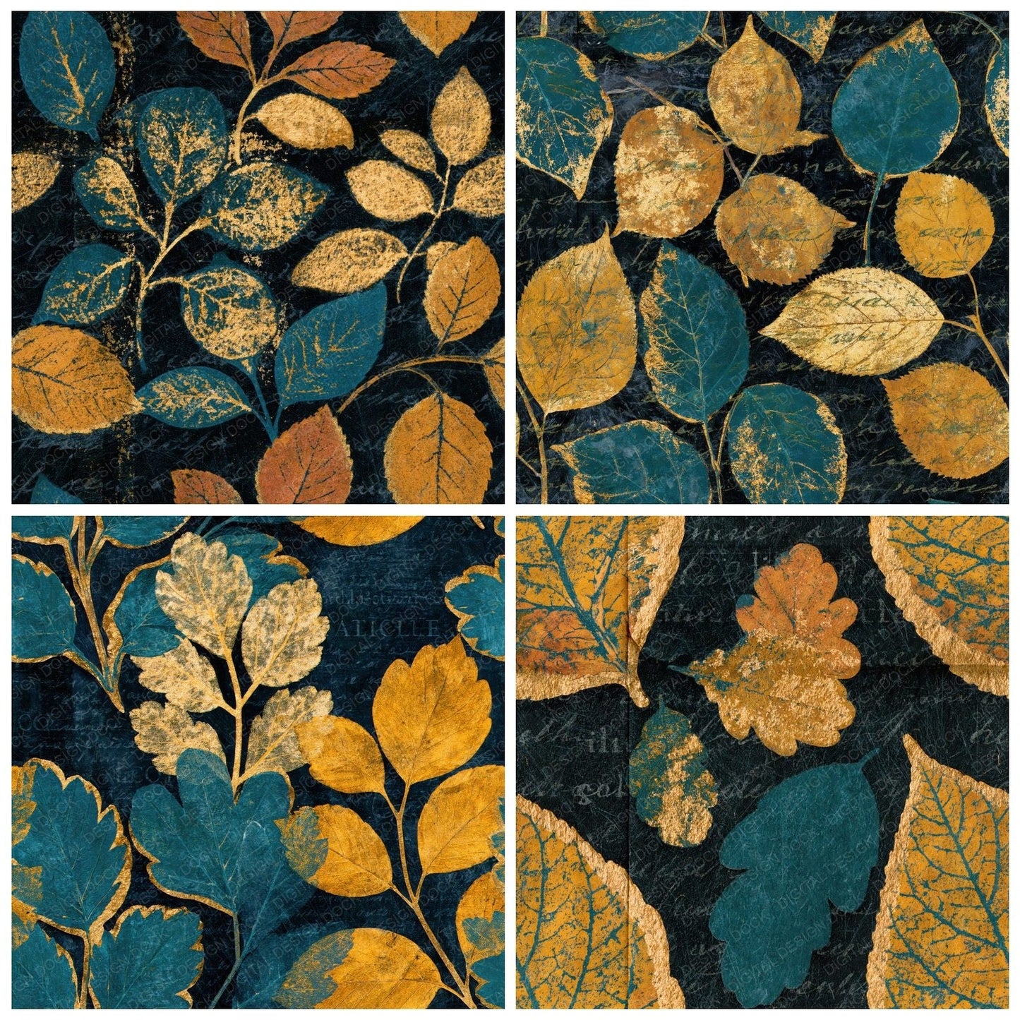Scratchboard Pressed Leaves Mustard Teal Seamless Digital Paper Pack (DDD014632)