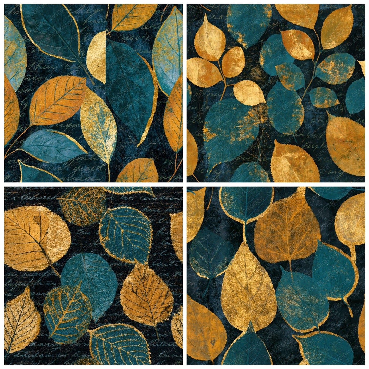 Scratchboard Pressed Leaves Mustard Teal Seamless Digital Paper Pack (DDD014632)