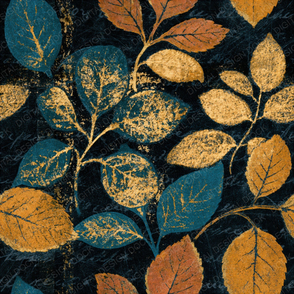 Scratchboard Pressed Leaves Mustard Teal Seamless Digital Paper Pack (DDD014632)