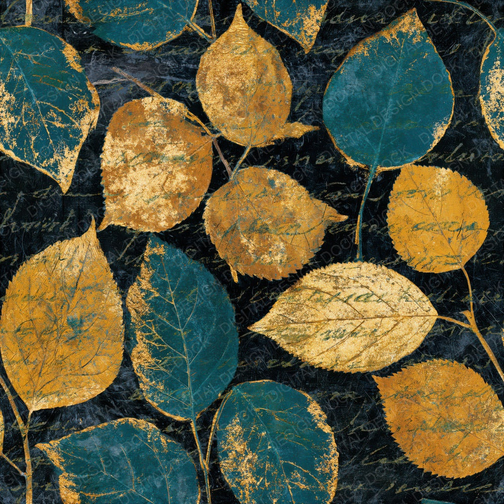 Scratchboard Pressed Leaves Mustard Teal Seamless Digital Paper Pack (DDD014632)