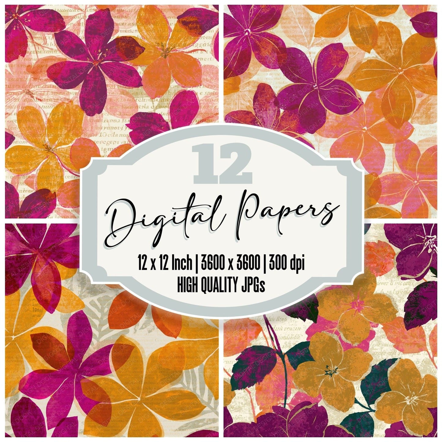 Screenprint Jasmine Amber Magenta Seamless Digital Paper Pack (DDD014633)