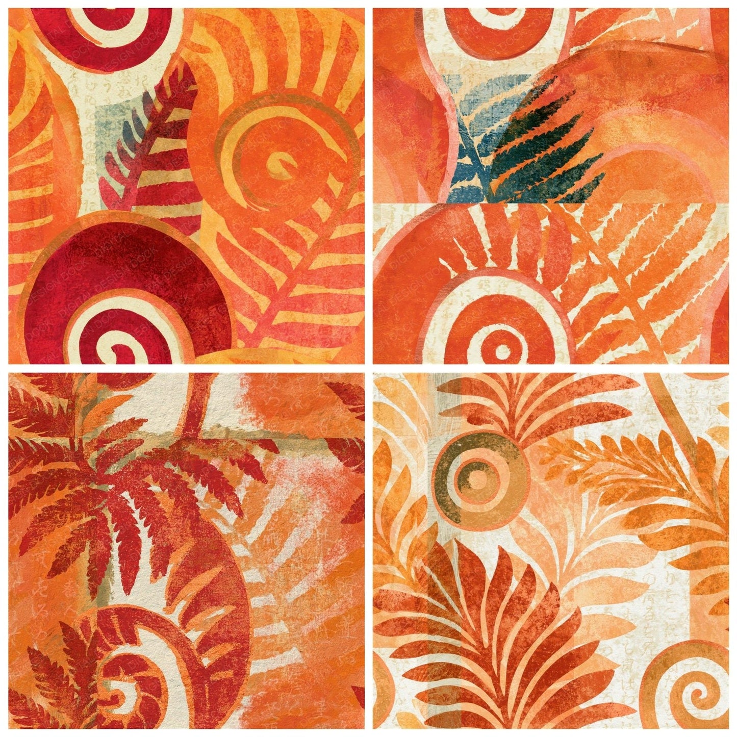 Woodblock Fiddlehead Fern Tangerine Seamless Digital Paper Pack (DDD014639)