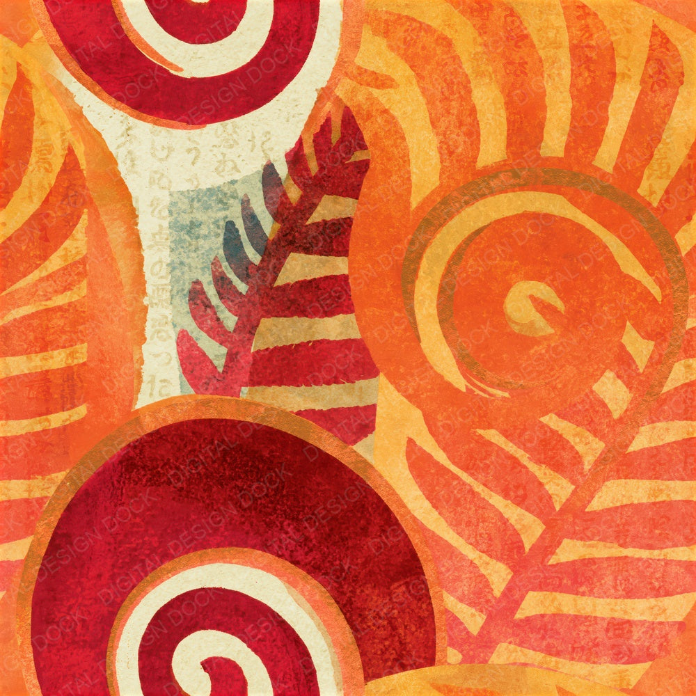 Woodblock Fiddlehead Fern Tangerine Seamless Digital Paper Pack (DDD014639)