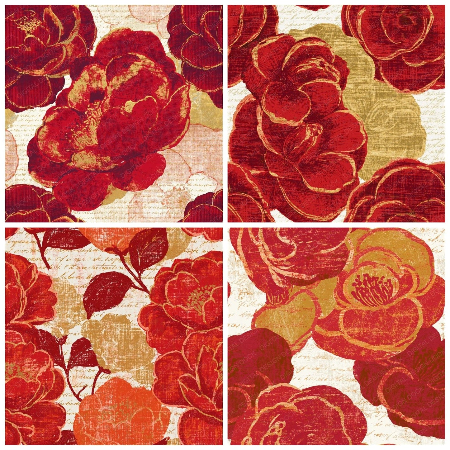 Woodcut Camellia Circus Red Gold Seamless Digital Paper Pack (DDD014642)