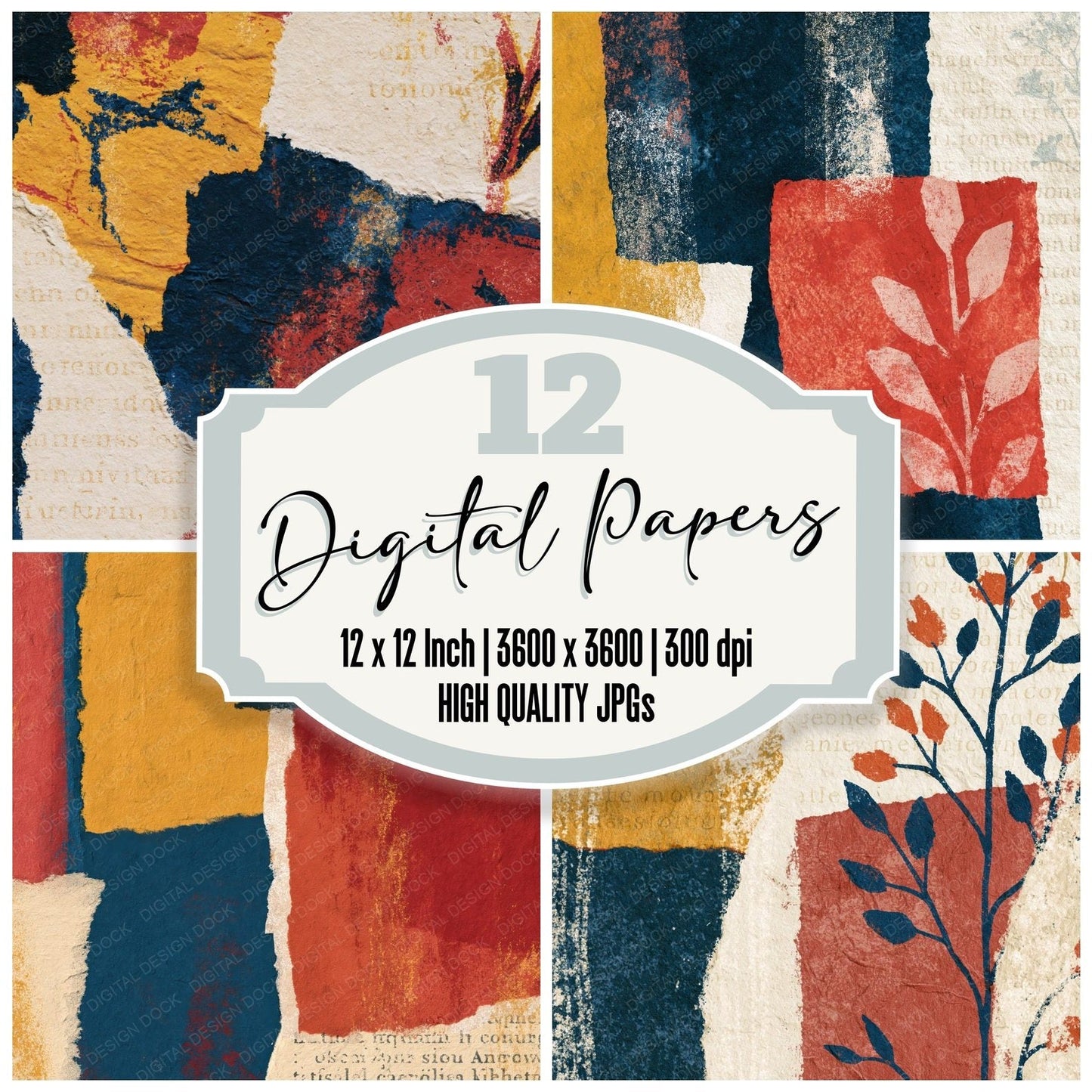 Collage Mustard Navy Tomato Abstract Digital Paper Pack (DDD014647)