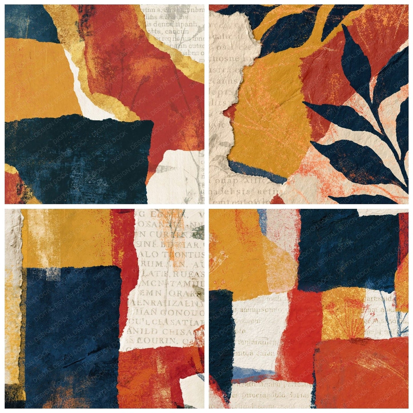 Collage Mustard Navy Tomato Abstract Digital Paper Pack (DDD014647)
