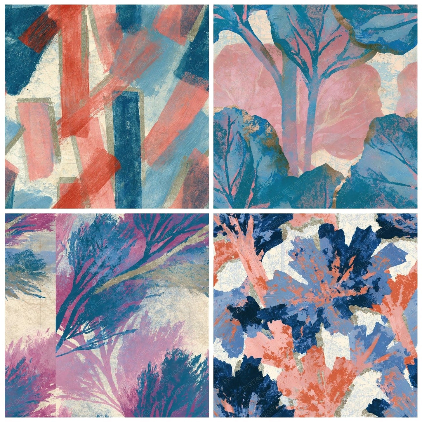 Gouache Rhubarb Pink Blue Seamless Digital Paper Pack (DDD014649)