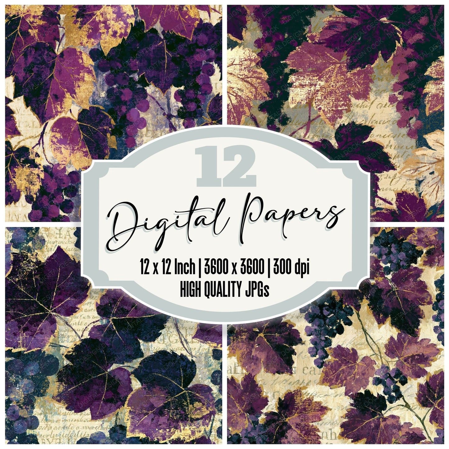 Impressionist Wine Vines Plum Cream Digital Paper Pack (DDD014652)