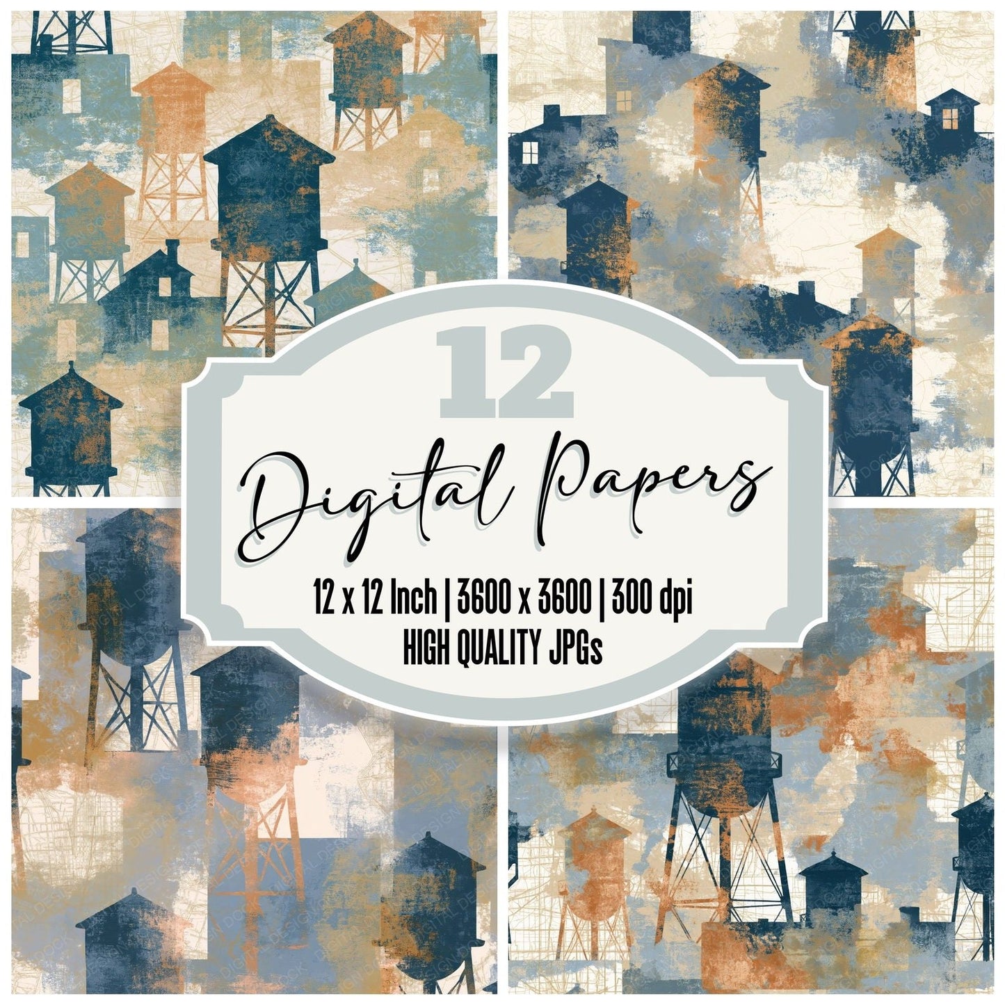 Indian Block Print Water Towers Slate Sand Digital Paper Pack (DDD014653)