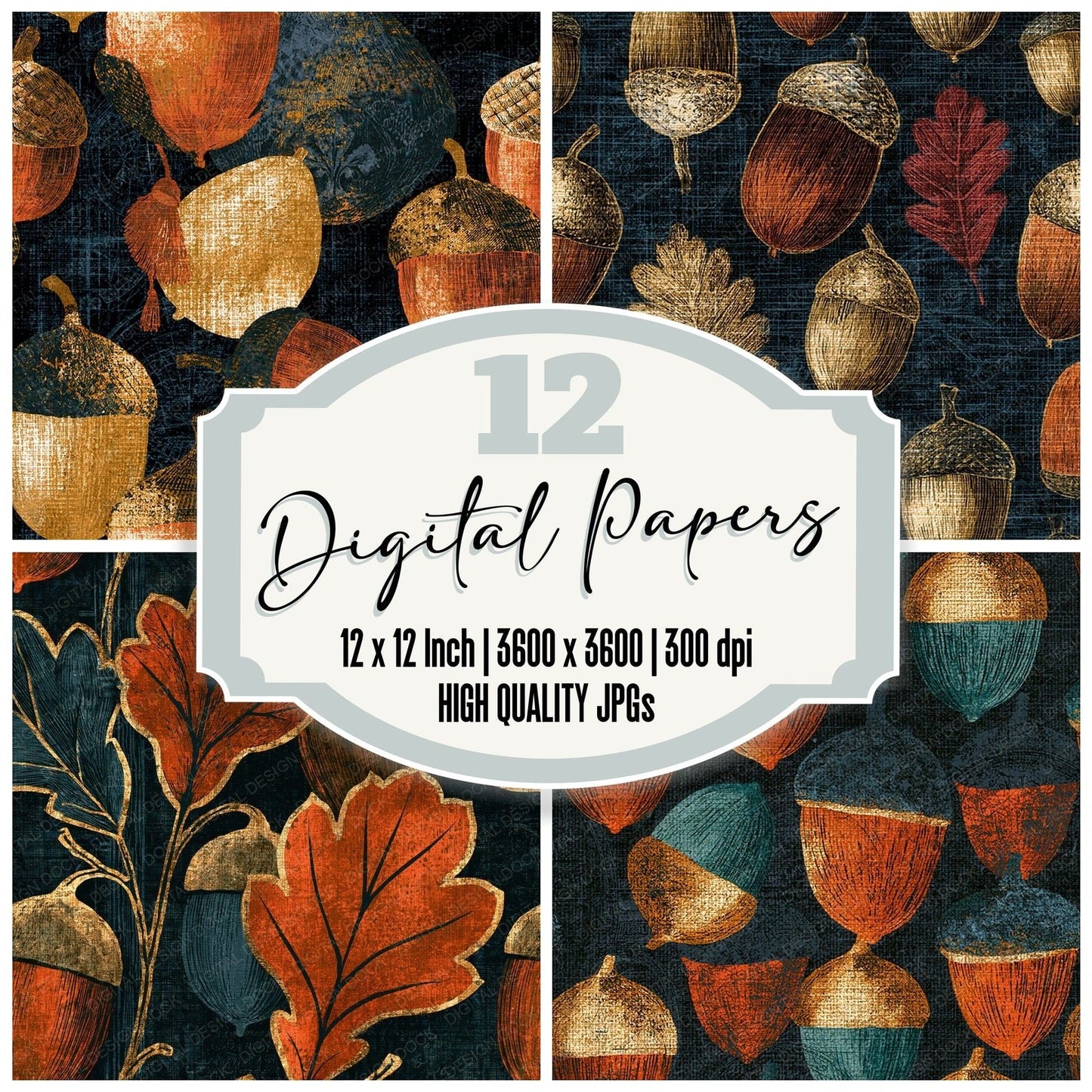 Scratchboard Acorns Copper Seamless Digital Paper Pack (DDD014658)