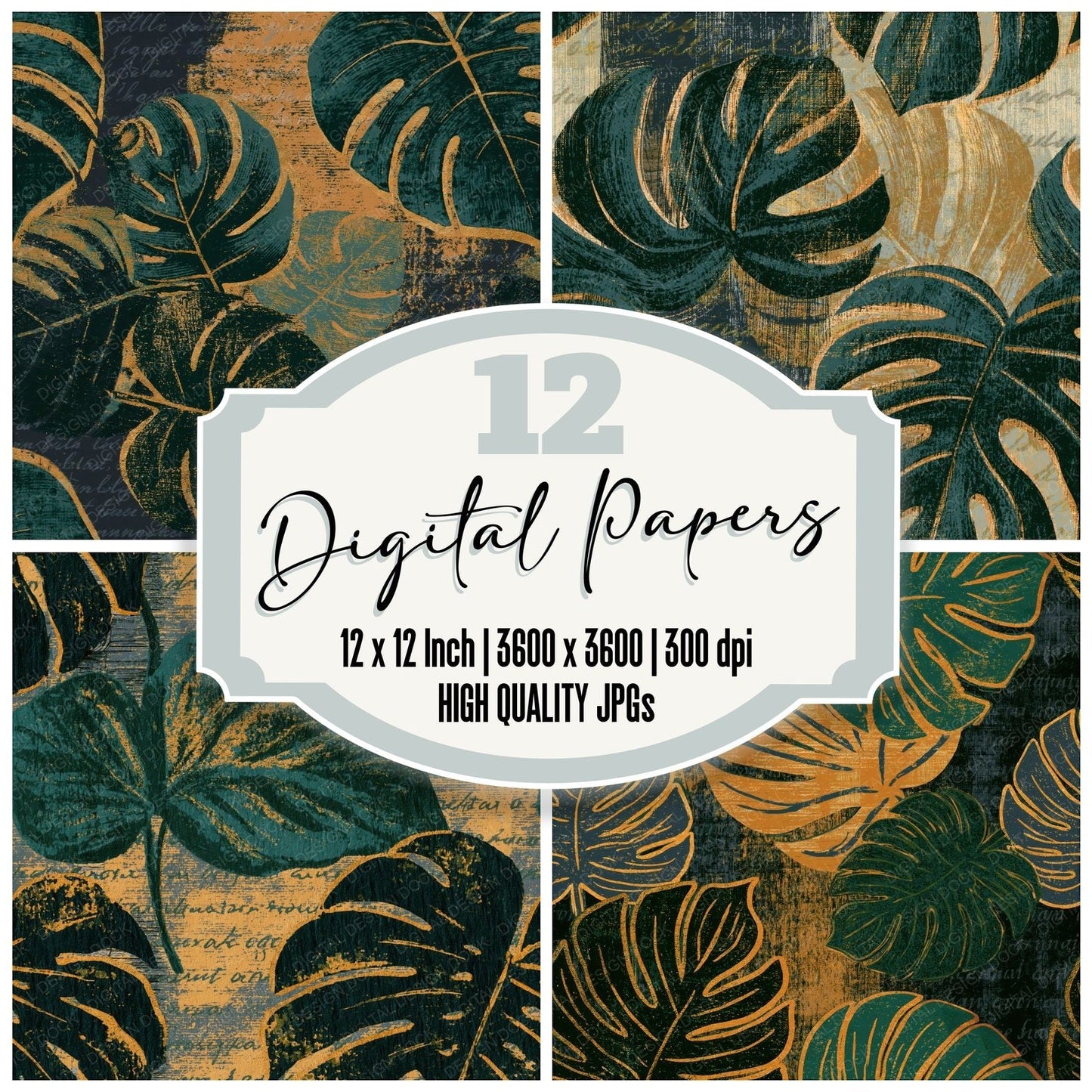 Woodcut Monstera Forest Saffron Seamless Digital Paper Pack (DDD014662)