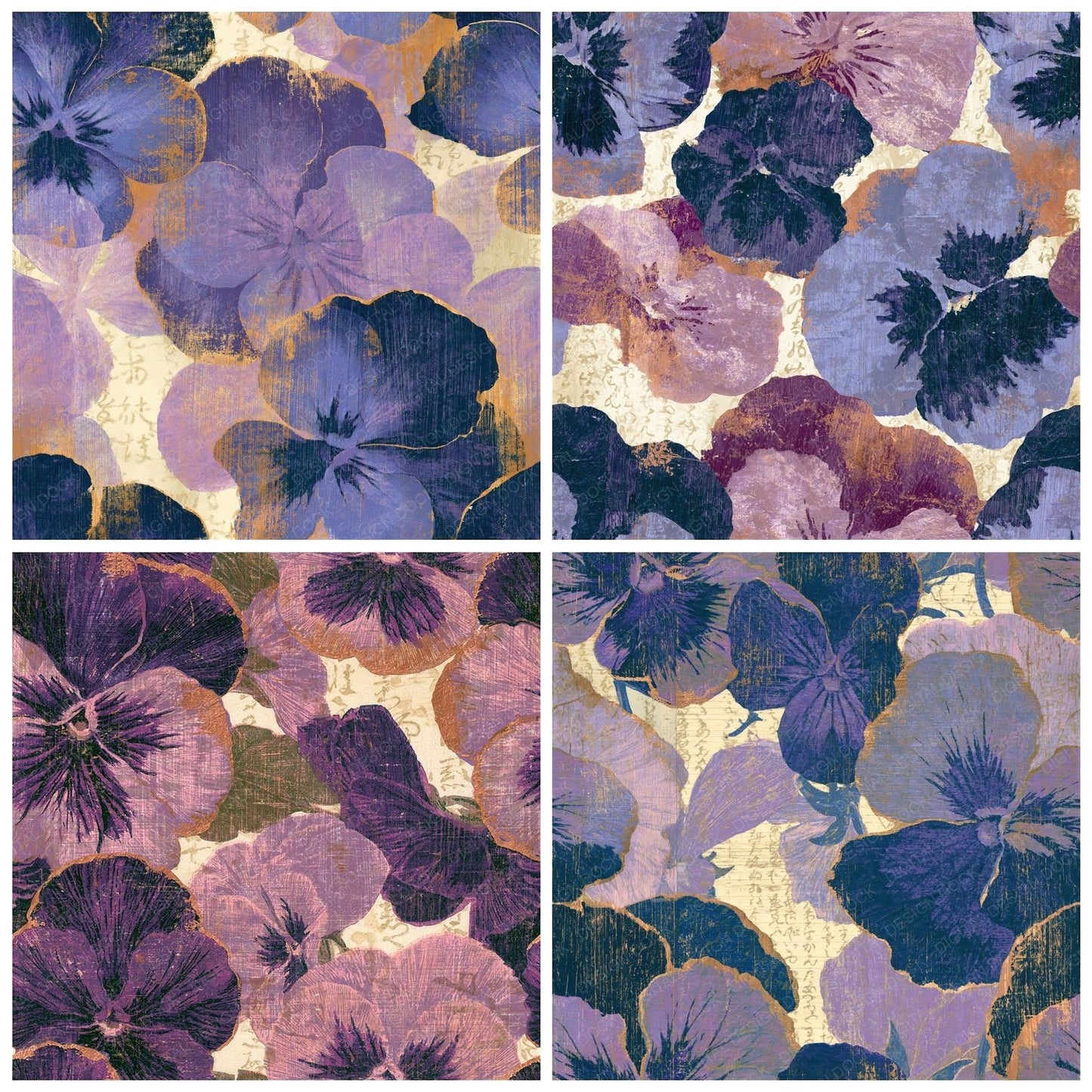 Woodcut Pansies Lavender Cream Seamless Digital Paper Pack (DDD014663)