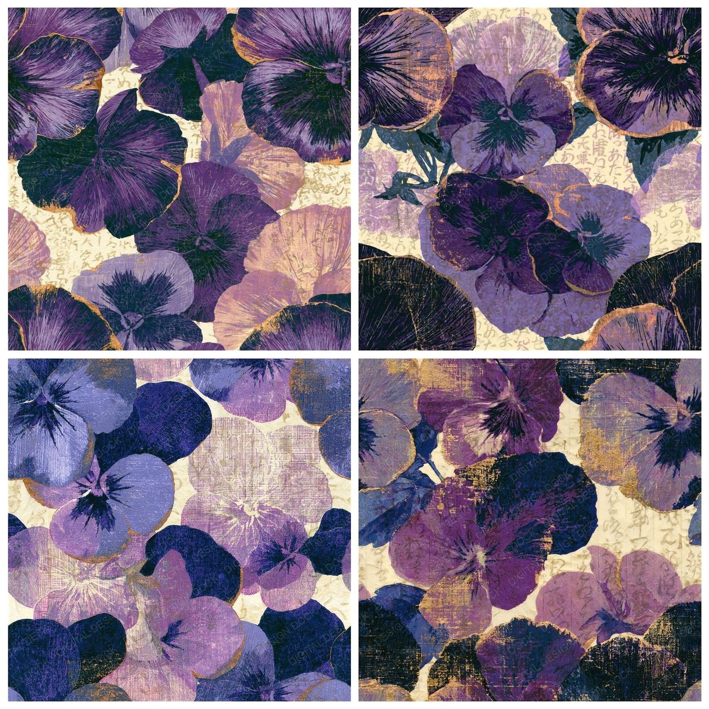Woodcut Pansies Lavender Cream Seamless Digital Paper Pack (DDD014663)