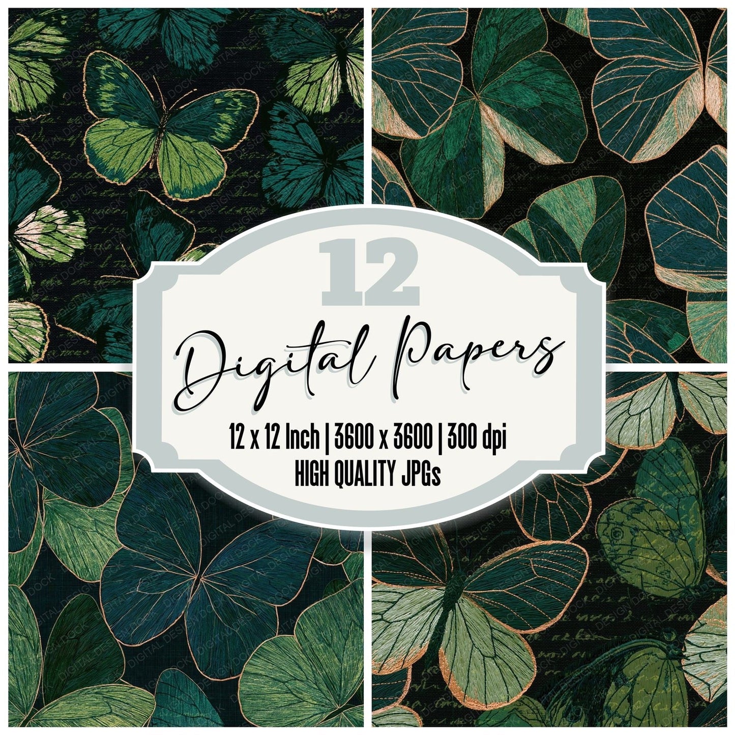 Embroidery Butterfly Wings Emerald Digital Paper Pack (DDD014665)