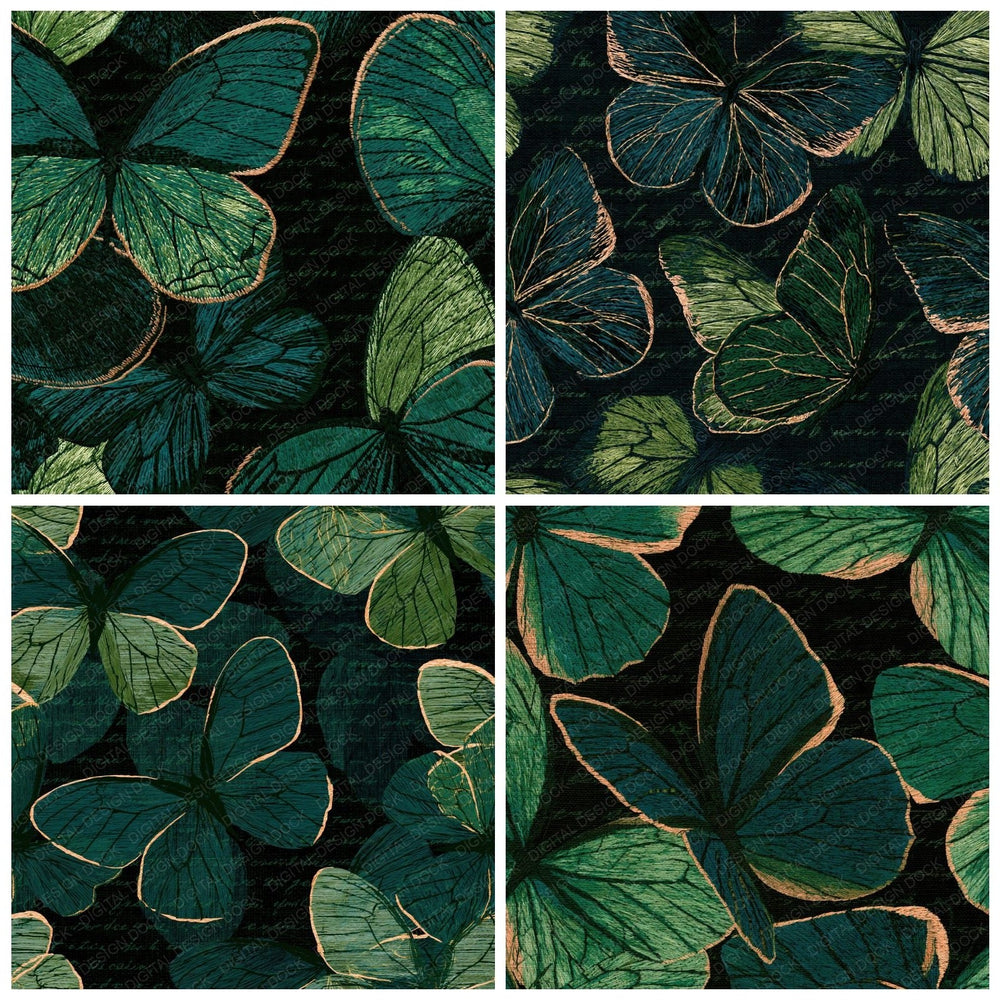 Four more Embroidery Butterfly Wings Emerald digital papers from the pack shown in a grid