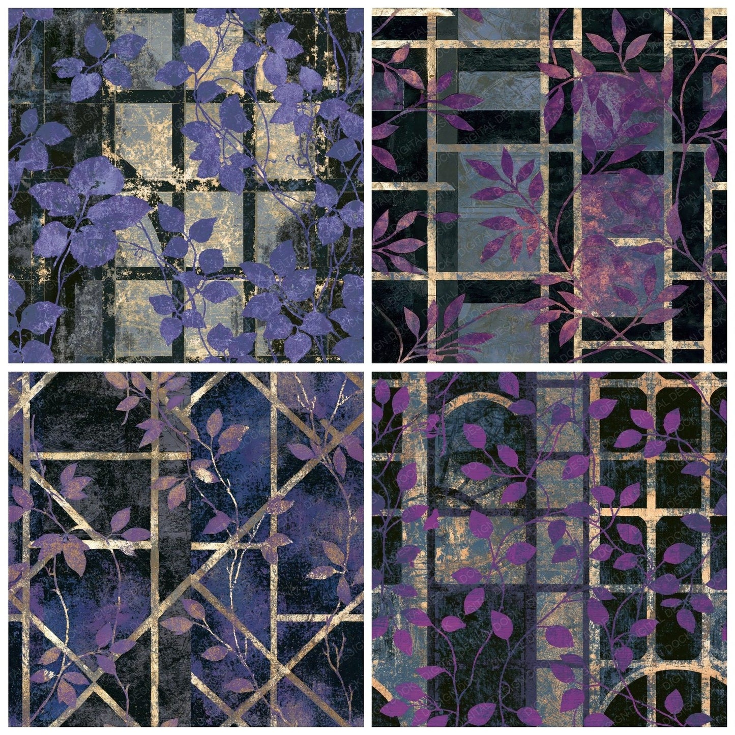 Etching Garden Trellises Purple Silver Seamless Digital Paper Pack (DDD014666)