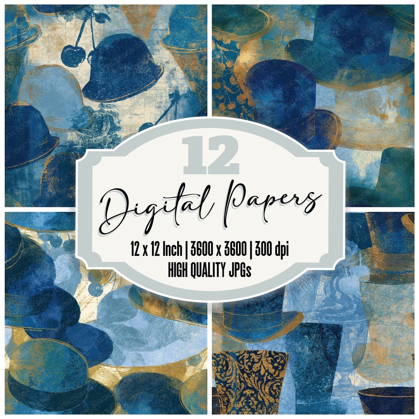 Etching Soda Jerk Hats Navy Bone Seamless Digital Paper Pack (DDD014668)