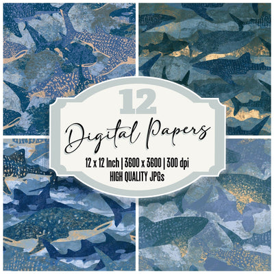 Indian Block Print Whale Shark Indigo Seamless digital paper pack cover showing four of the 12 papers