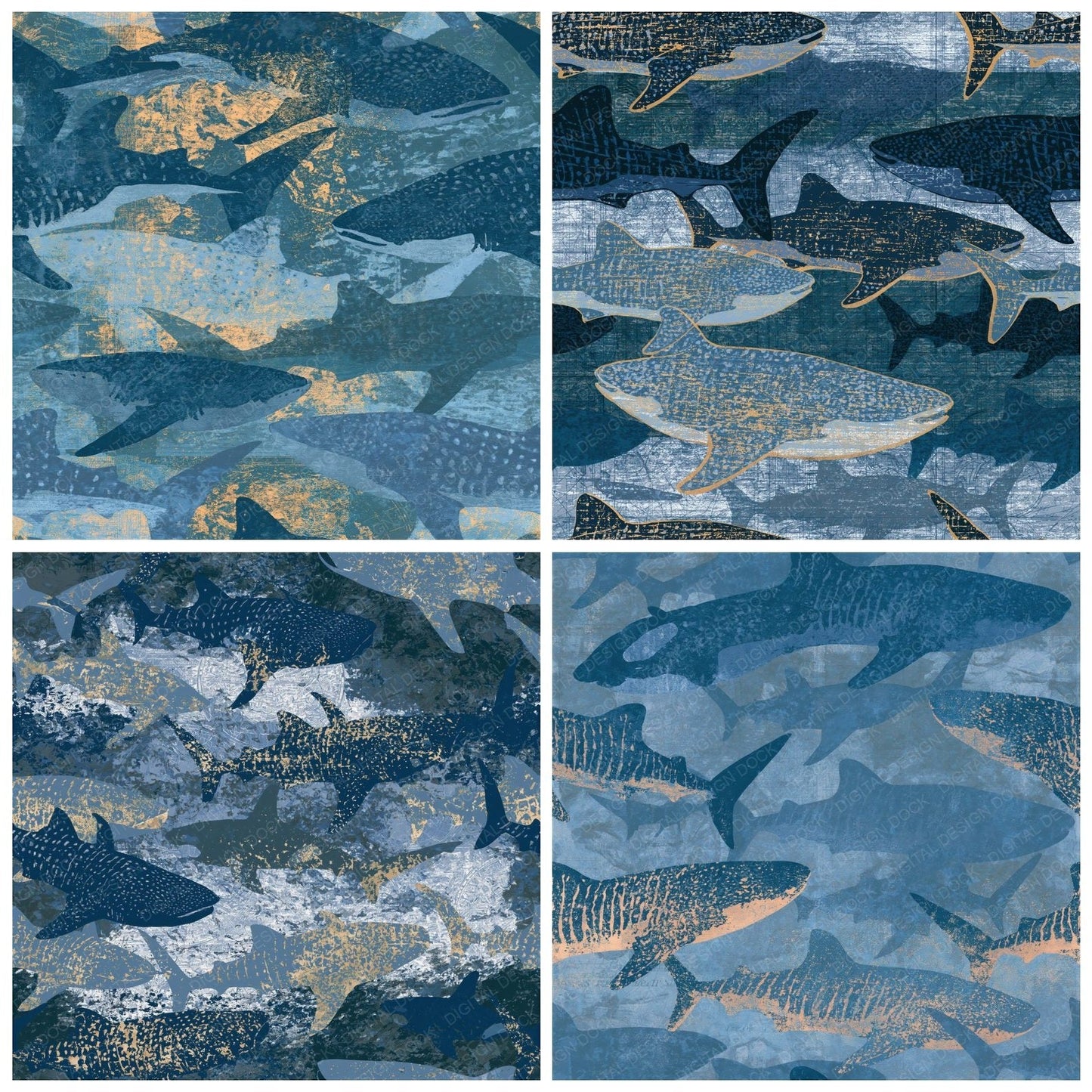 Indian Block Print Whale Shark Indigo Seamless Digital Paper Pack (DDD014670)