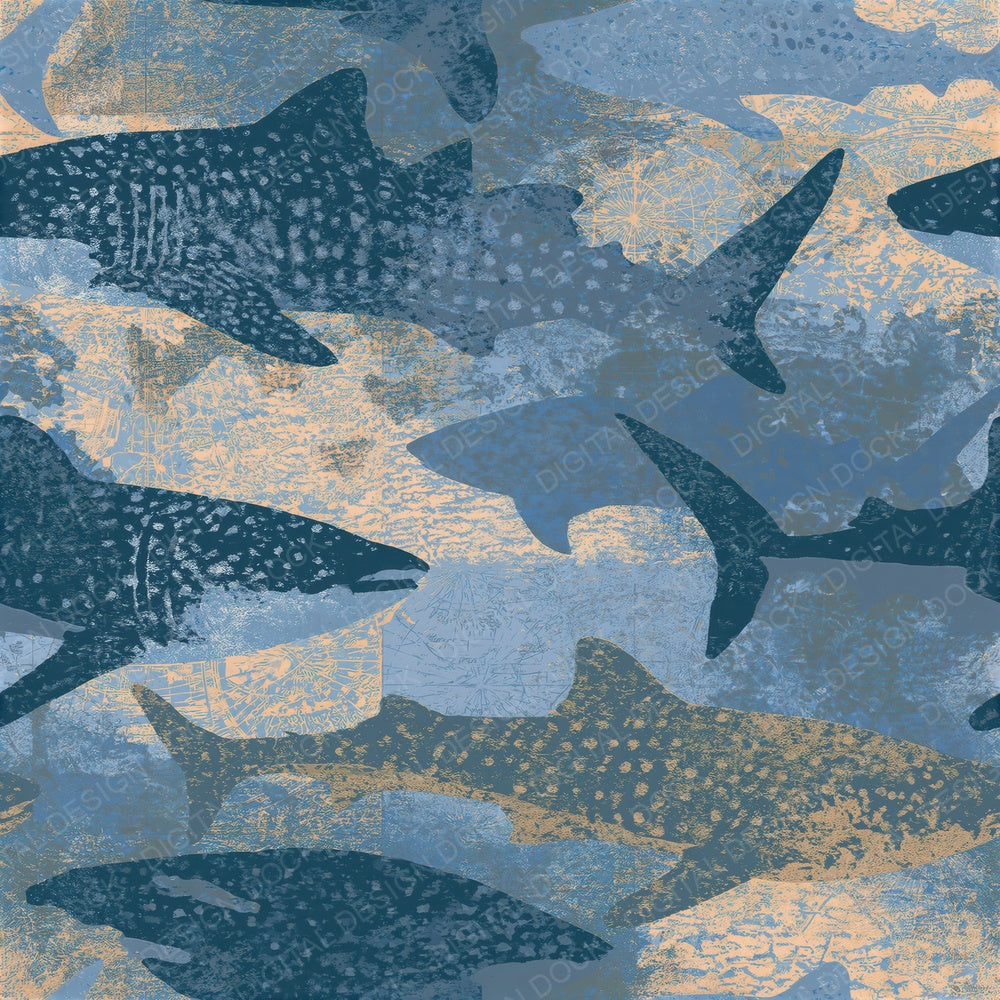 Indian Block Print Whale Shark Indigo Seamless Digital Paper Pack (DDD014670)