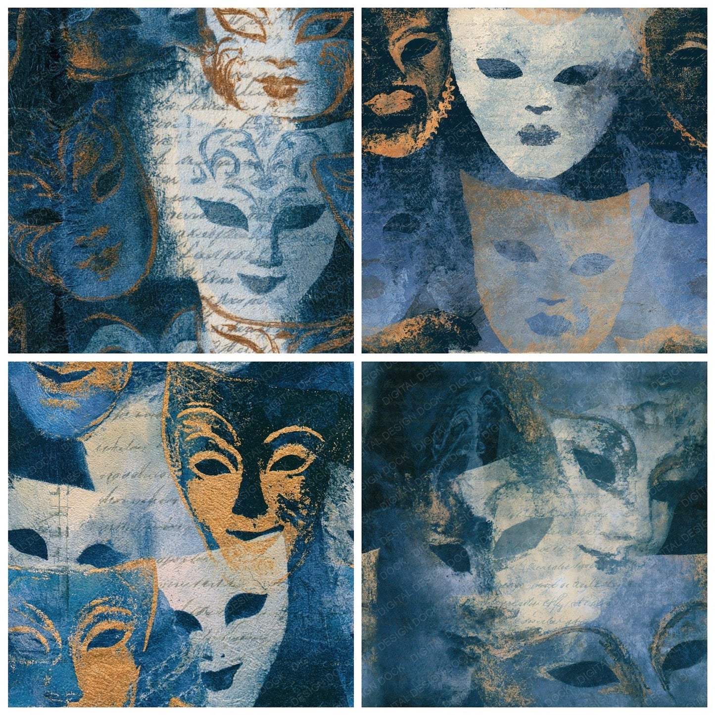 Scratchboard Carnival Masks Navy Bone Seamless Digital Paper Pack (DDD014674)