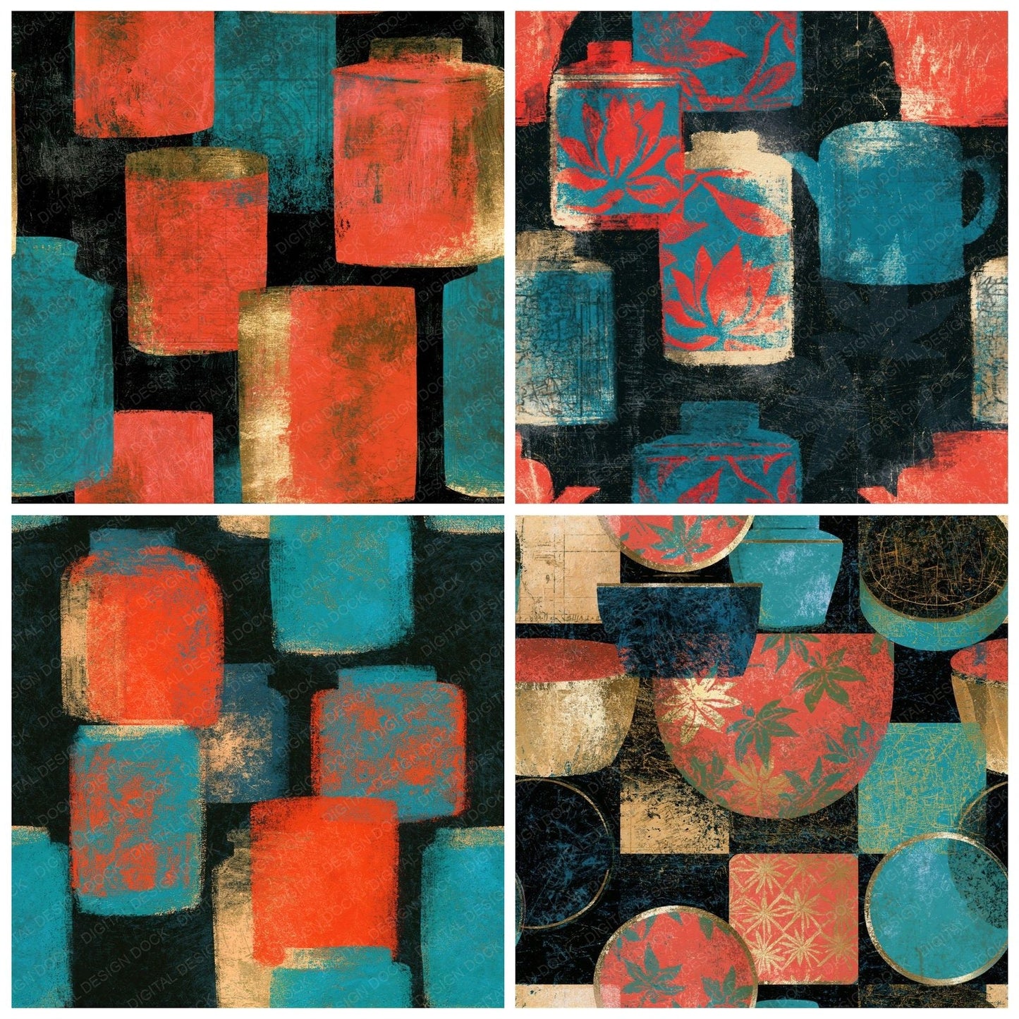 Scratchboard Tea Tins Coral Turquoise Seamless Digital Paper Pack (DDD014675)