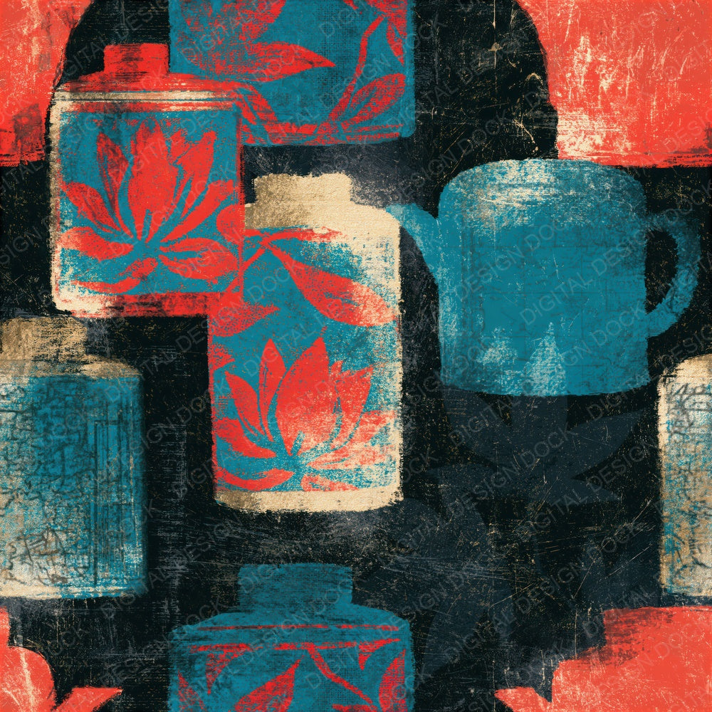 Scratchboard Tea Tins Coral Turquoise Seamless Digital Paper Pack (DDD014675)