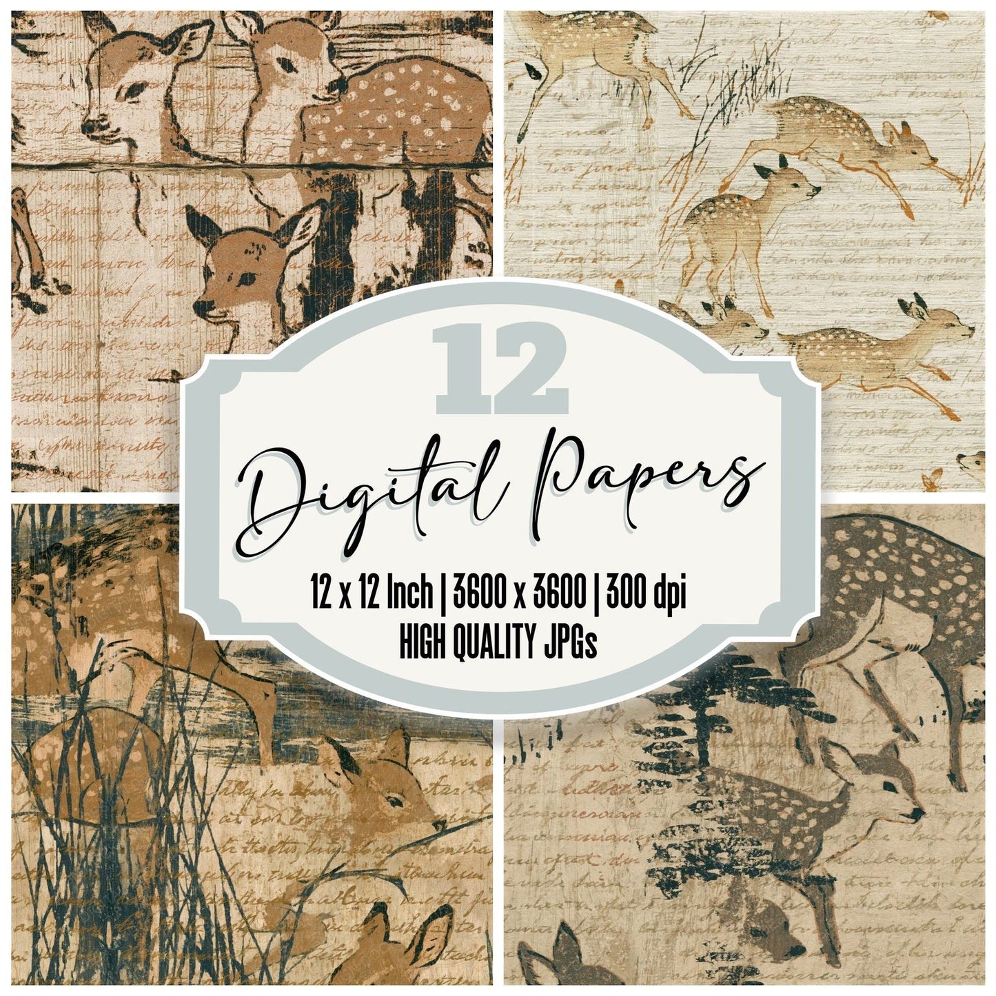 Ukiyo-e Baby Fawns Sepia Seamless Digital Paper Pack (DDD014678)