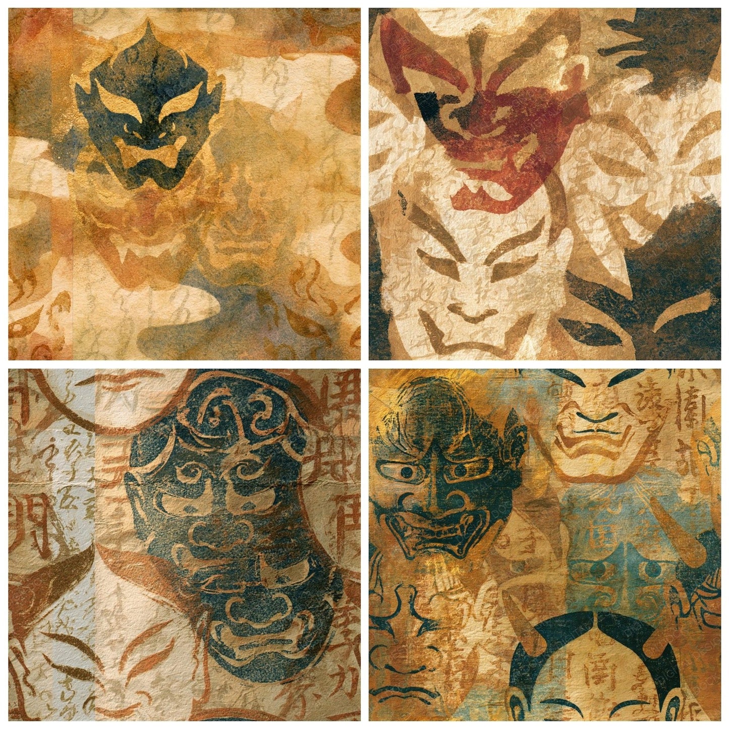 Woodblock Oni Masks Sepia Seamless Digital Paper Pack (DDD014680)