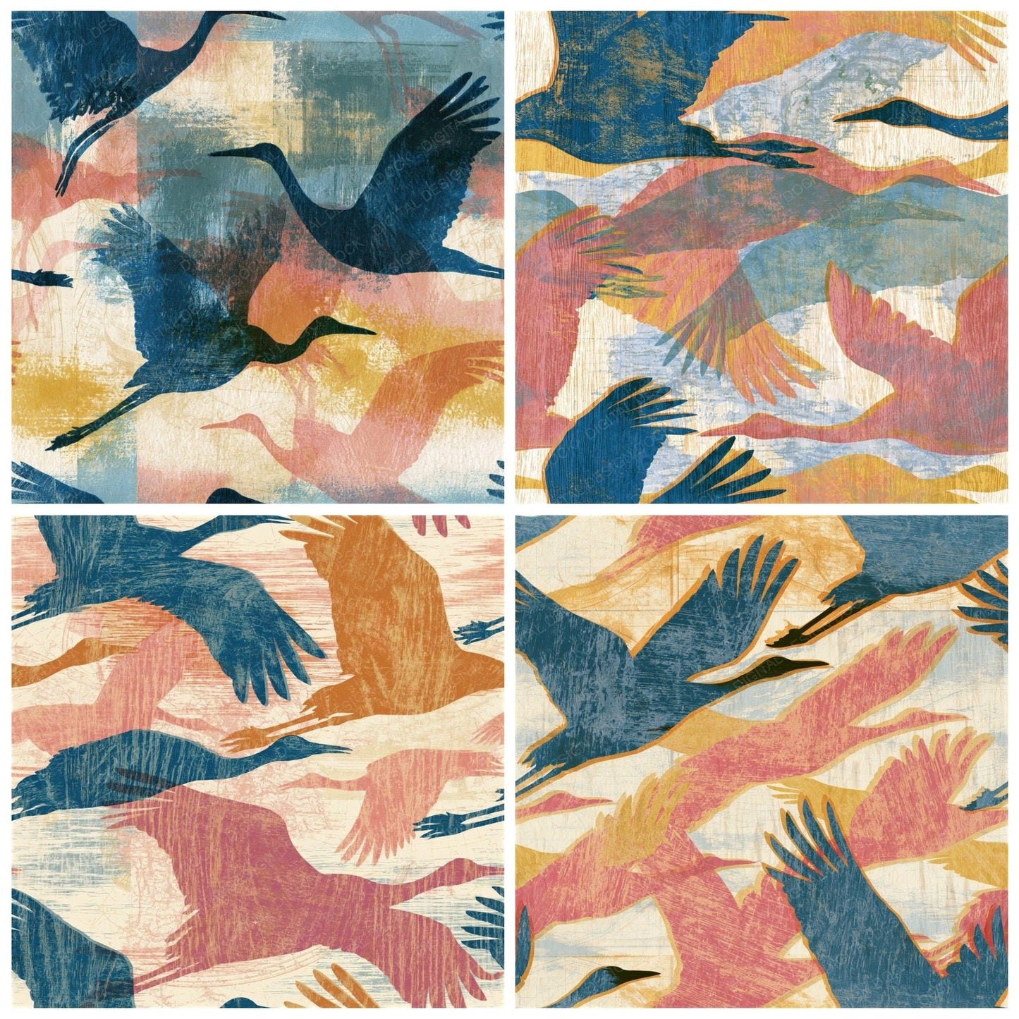 Woodcut Crane Pink Blue Seamless Digital Paper Pack (DDD014682)