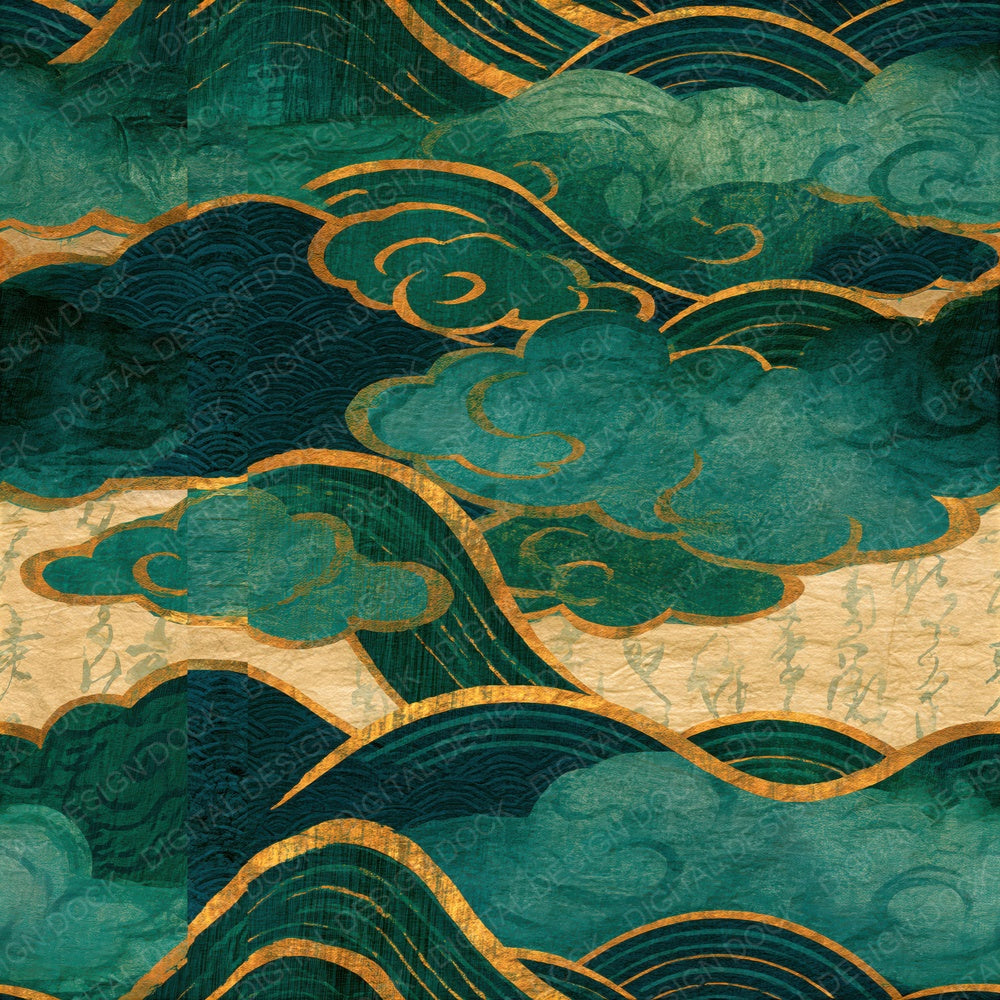 Woodcut Fog Banks Emerald Parchment Seamless Digital Paper Pack (DDD014683)