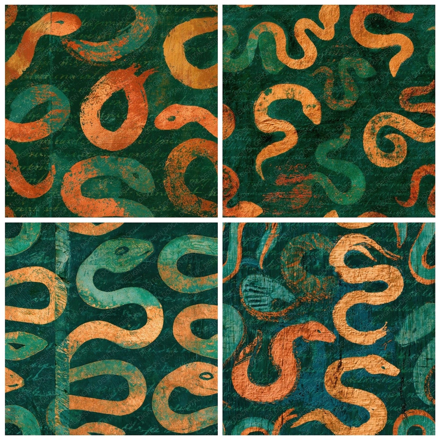 Woodcut Snake Jade Copper Seamless Digital Paper Pack (DDD014684)