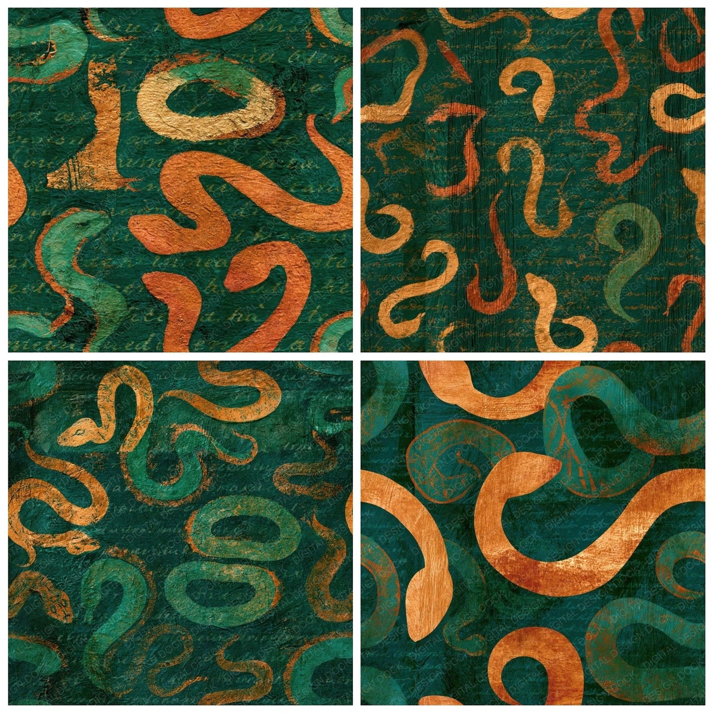 Woodcut Snake Jade Copper Seamless Digital Paper Pack (DDD014684)
