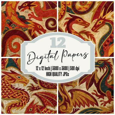 Bohemian Celtic Dragons Rust Maroon Digital Paper Pack (DDD014688)
