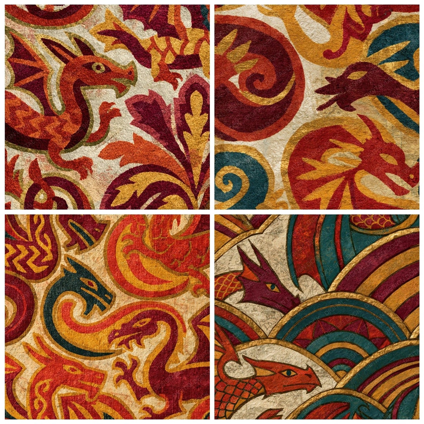 Bohemian Celtic Dragons Rust Maroon Digital Paper Pack (DDD014688)
