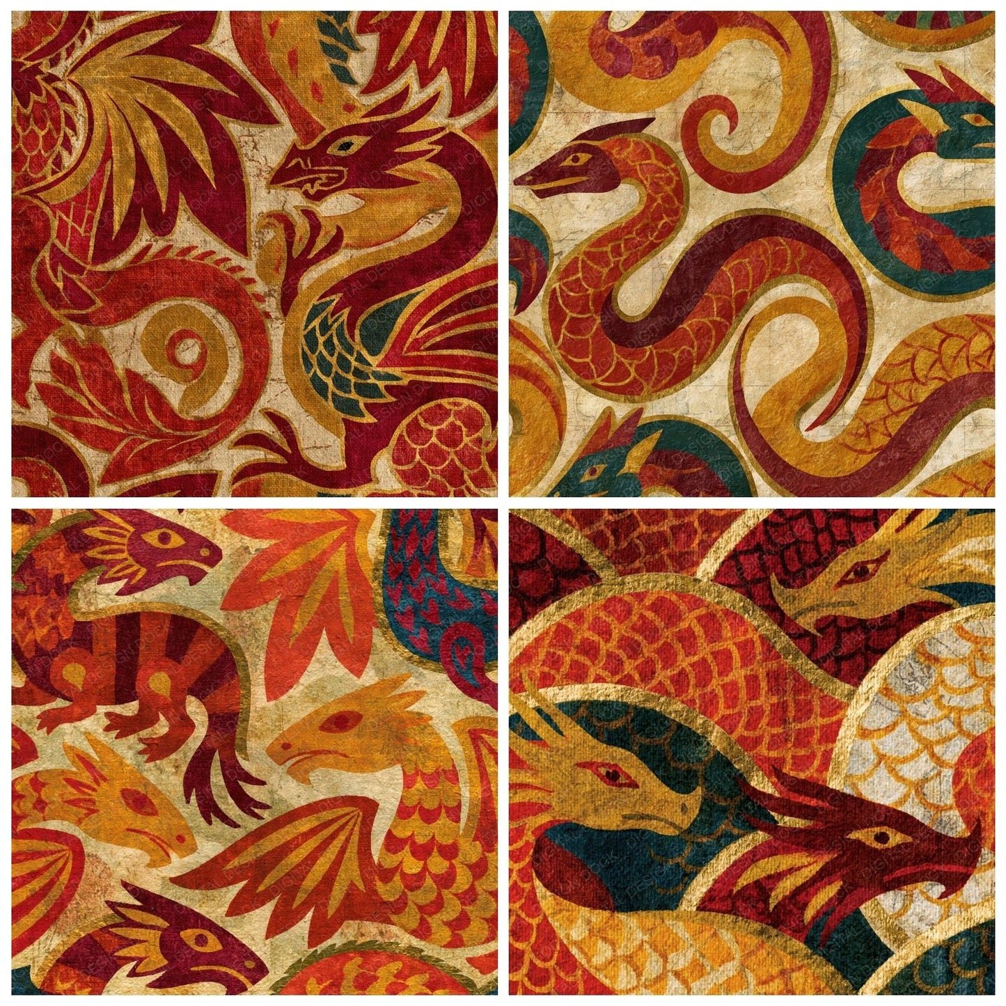 Bohemian Celtic Dragons Rust Maroon Digital Paper Pack (DDD014688)