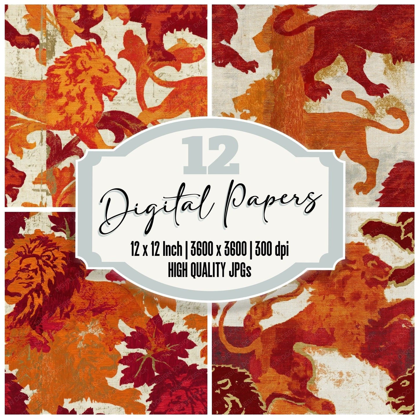 Embroidery Lions Rampant Cherry Seamless Digital Paper Pack (DDD014690)