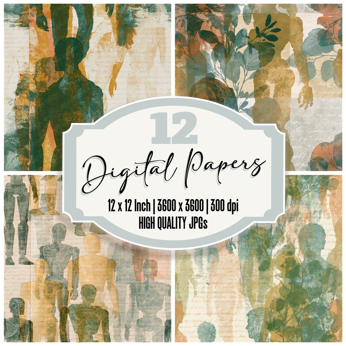 Etching Androids Eucalyptus Gold Seamless Digital Paper Pack (DDD014691)