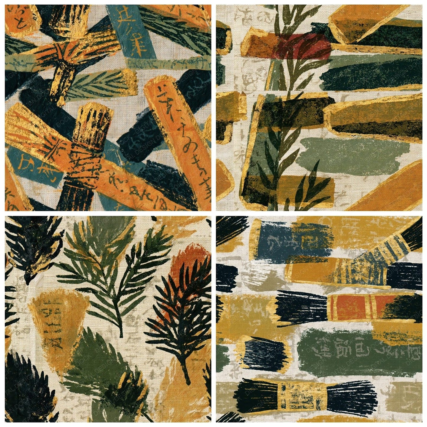 Indian Block Print Smudge Sticks Olive Seamless Digital Paper Pack (DDD014696)
