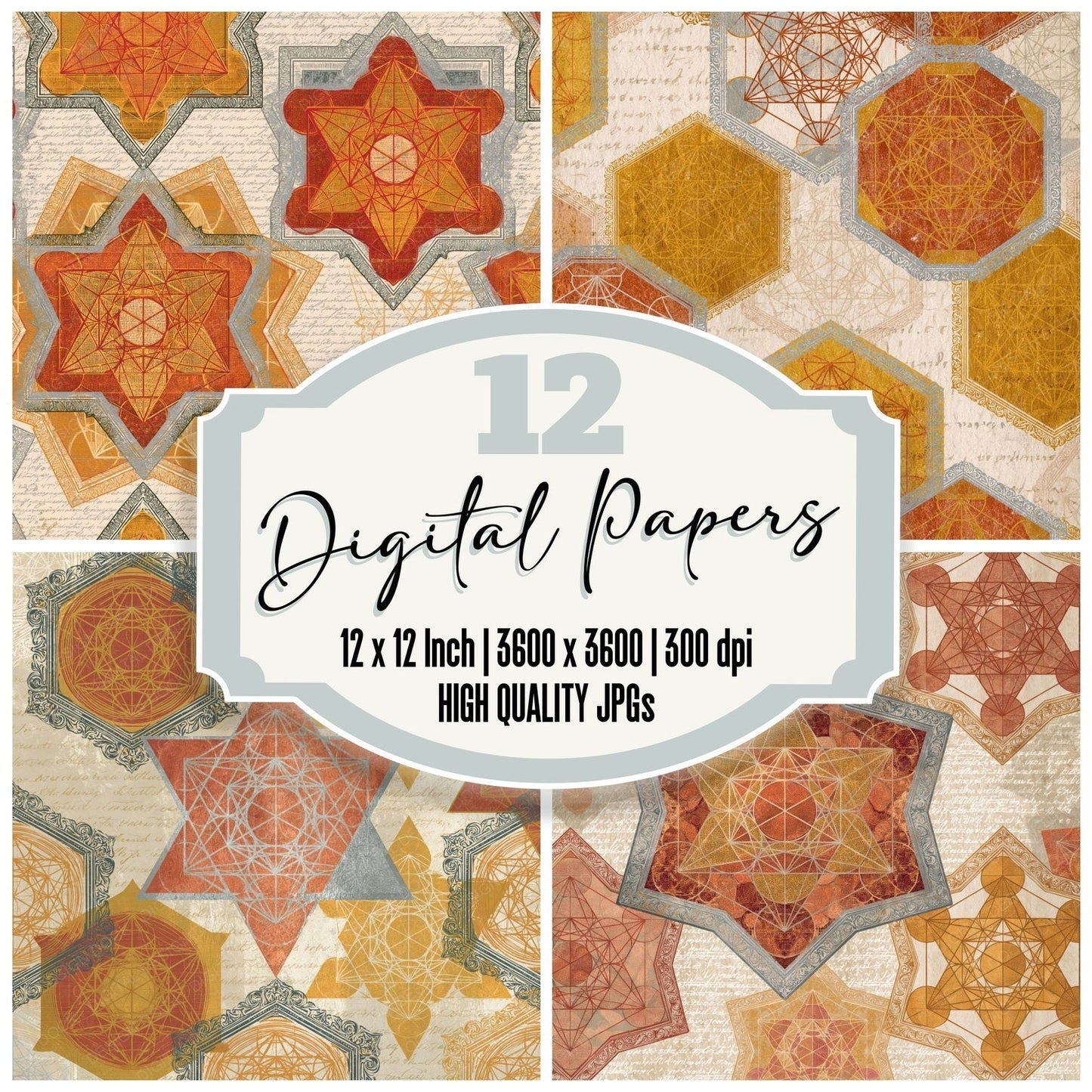 Victorian Metatrons Cube Terracotta Mustard Digital Paper Pack (DDD014700)