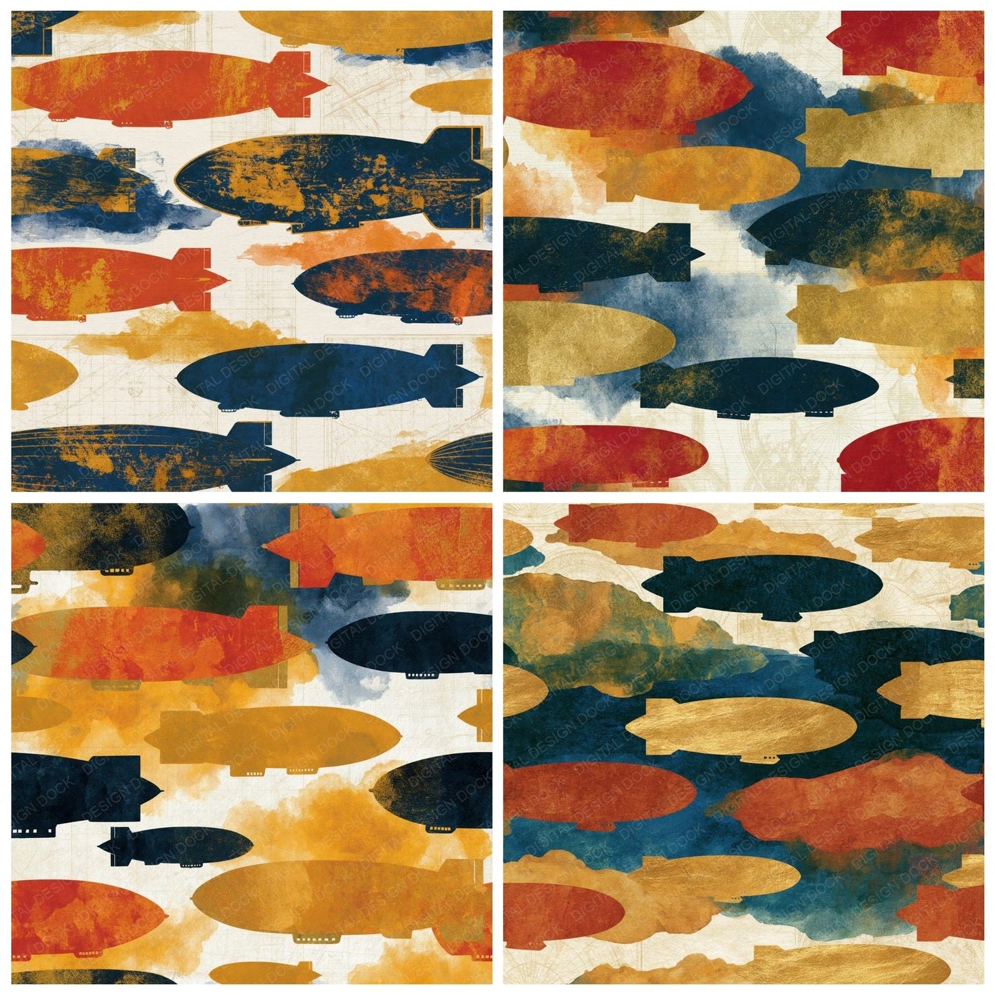 Watercolour Zeppelins Terracotta Mustard Digital Paper Pack (DDD014701)