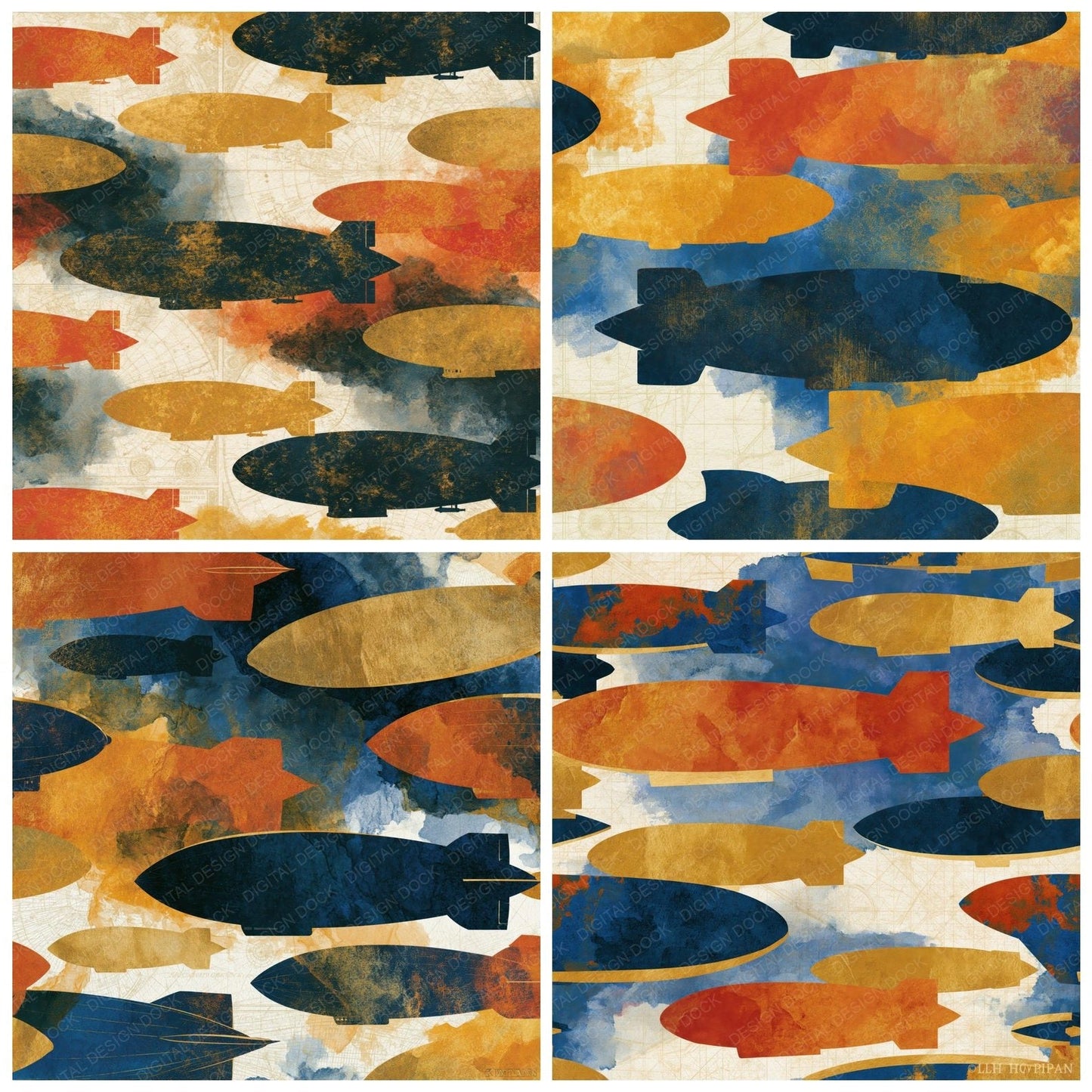 Watercolour Zeppelins Terracotta Mustard Digital Paper Pack (DDD014701)