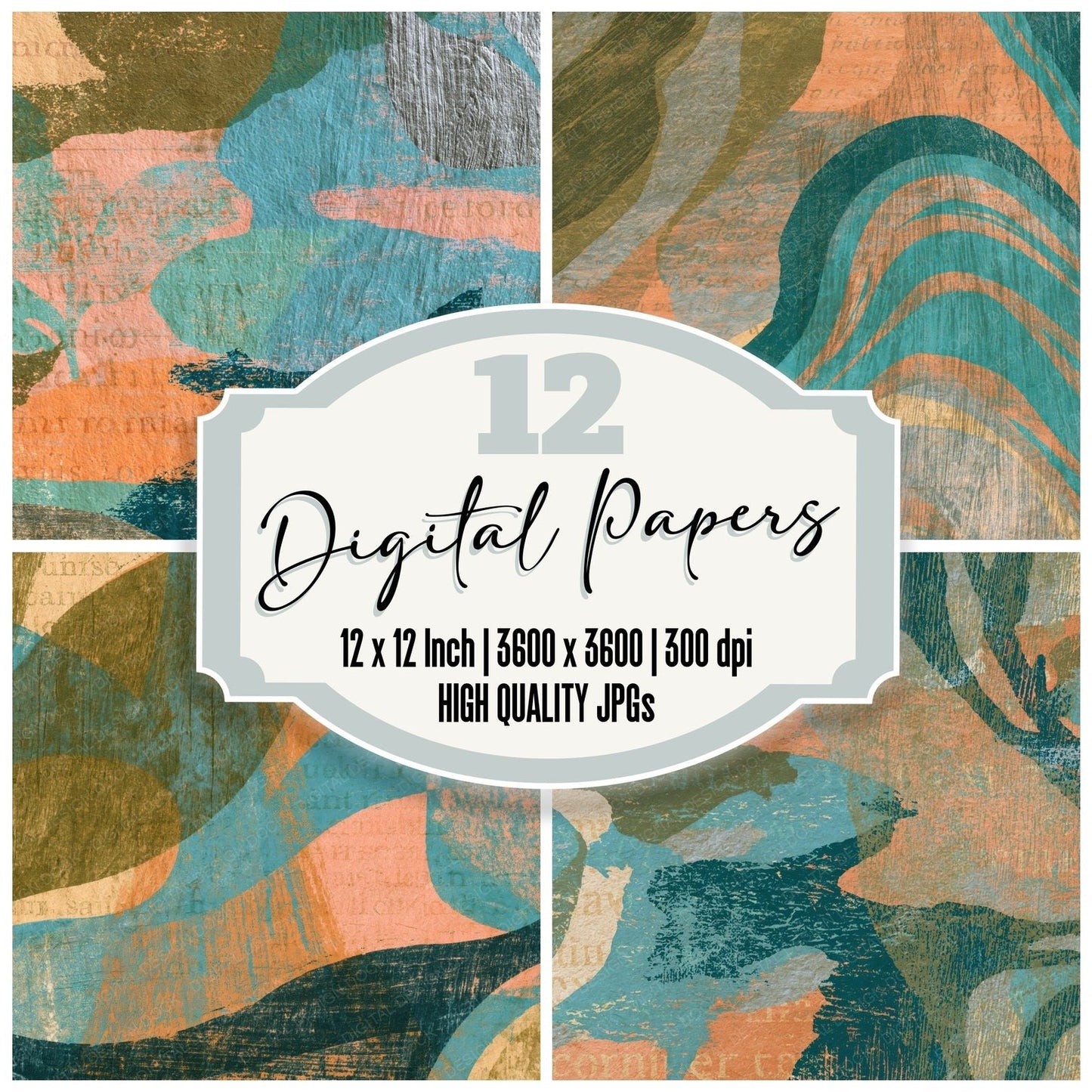 Woodcut Olive Peach Turquoise Abstract Digital Paper Pack (DDD014703)