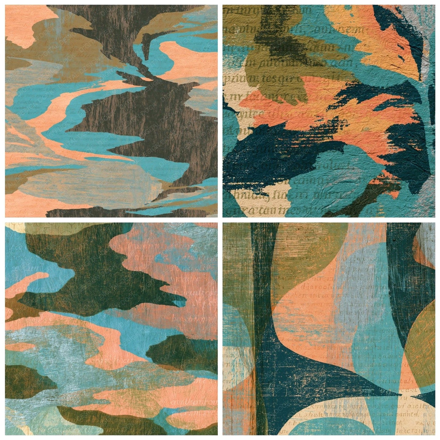 Woodcut Olive Peach Turquoise Abstract Digital Paper Pack (DDD014703)