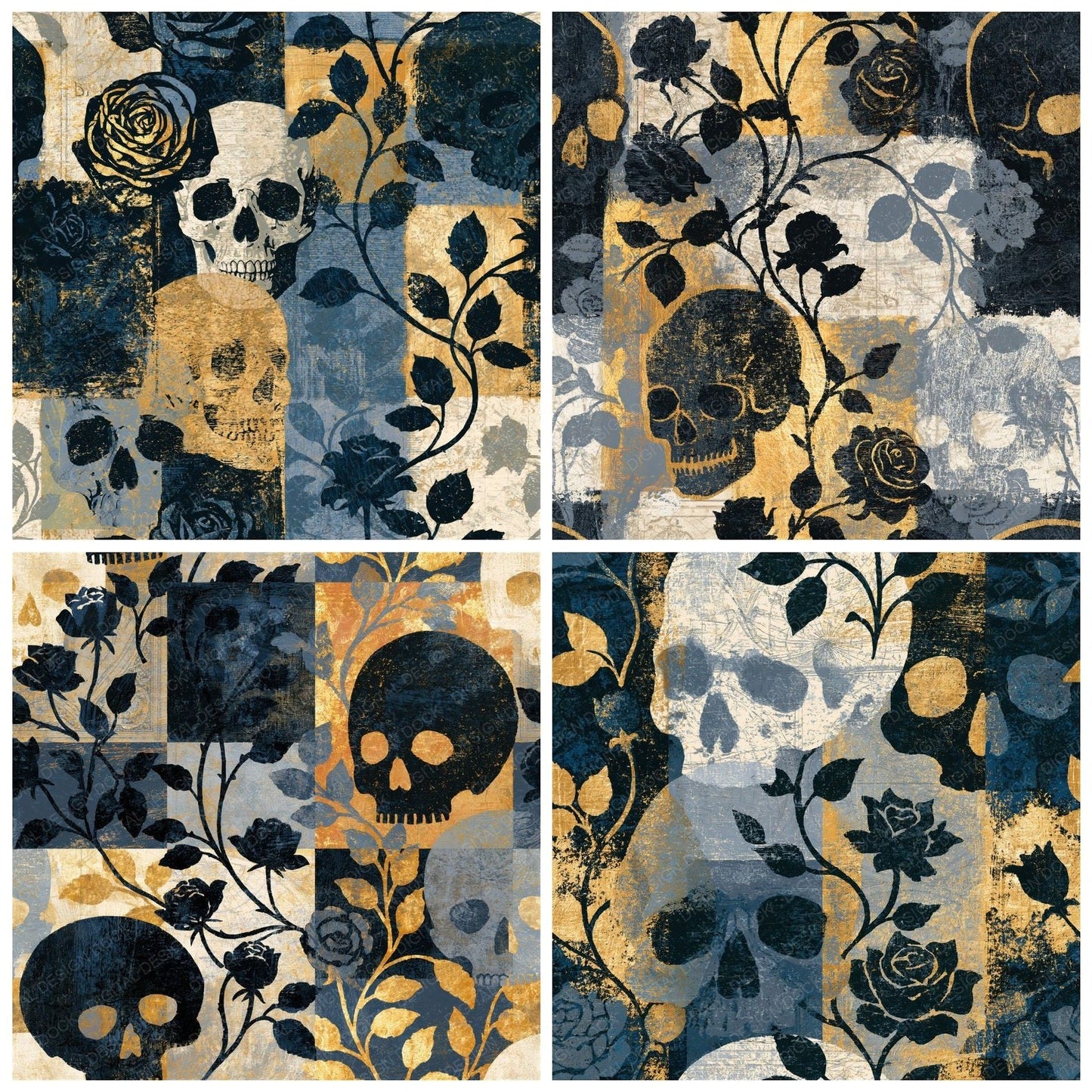 Woodcut Skulls Roses Bone Seamless Digital Paper Pack (DDD014704)